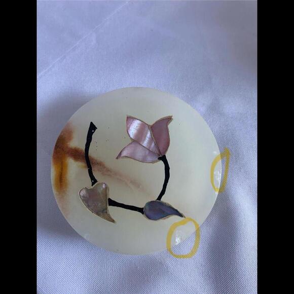 Hand Carved Onyx Trinket Bowl Jar Lid Inlaid w/ Mother of Pearl Flowers Pakistan - Picture 15 of 15